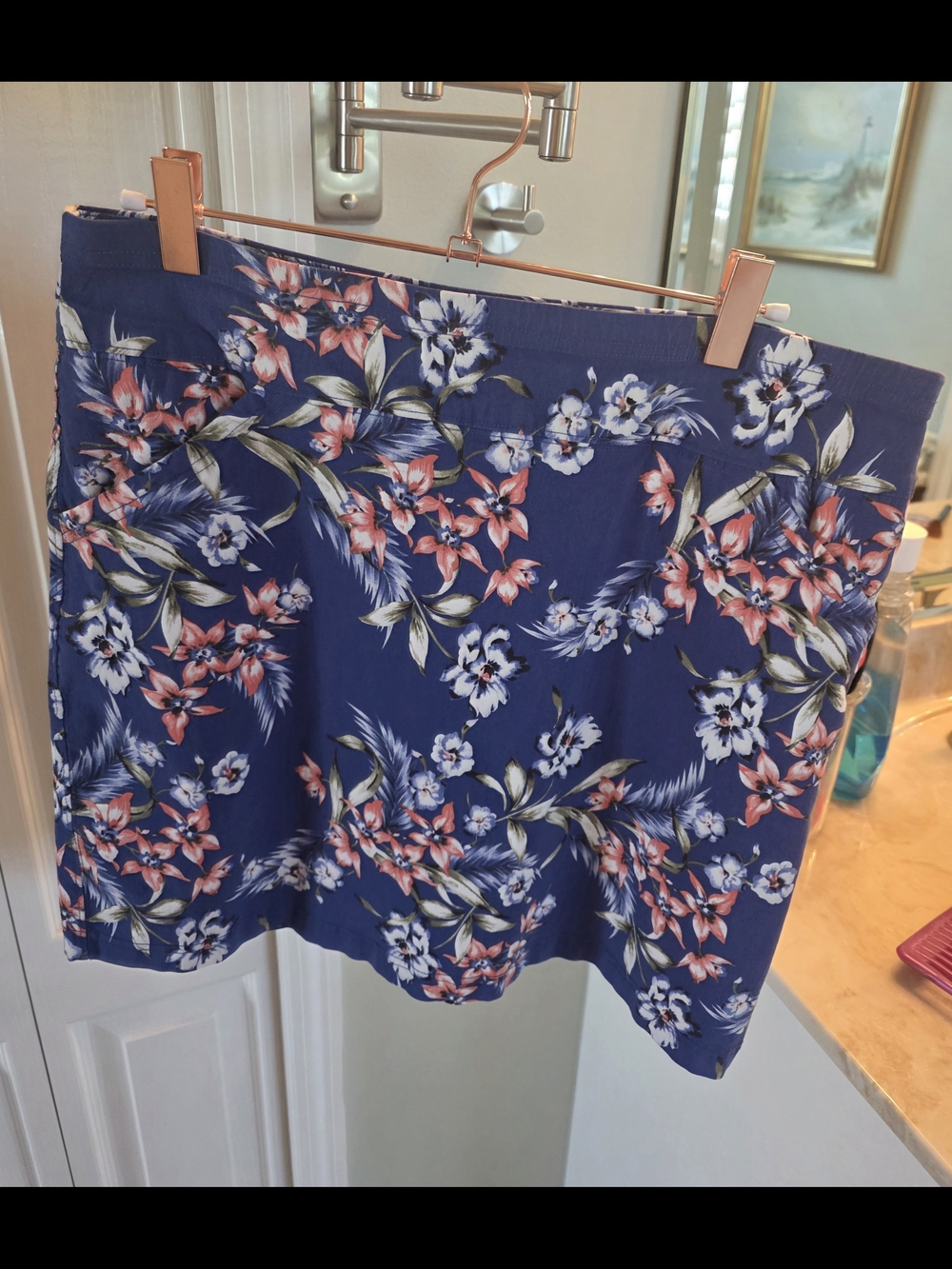 Mario Serrani Blue Floral Skirt with White and Pink Blooms